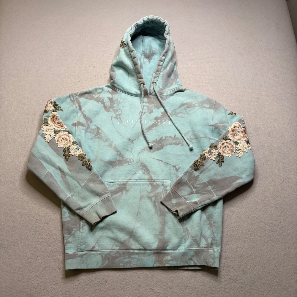 Civil Regime Hoodie Womens S Teal Tie Dye Floral Embroidered Pullover Sweatshirt